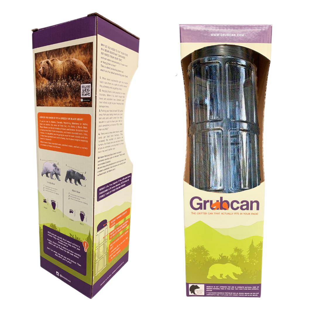 Consumer packaging for Grubcan. Displaying custom windowed carton with product inside.