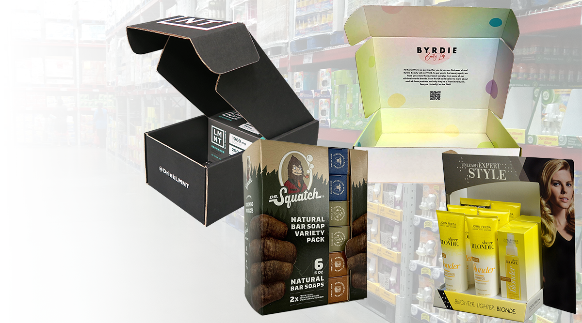 Custom packaging for health and beauty. Displays showing different brands with their products displayed in the packaging